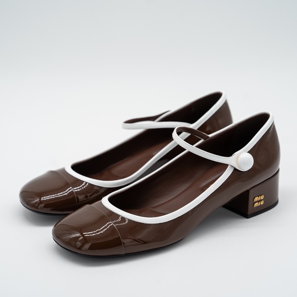size 39.5eu 9.5 US Miu Miu Two-Tone Patent Leather Mary Jane Pumps Brown - Picture 1 of 12